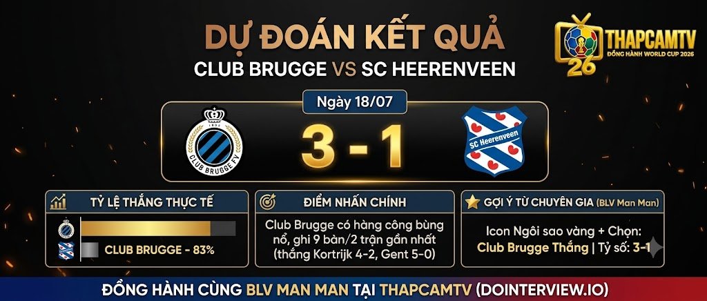 Dự đoán tỷ số trận Club Brugge 3-1 SC Heerenveen dựa trên dữ liệu phong độ hàng công và nhận định chuyên môn từ BLV Man Man.