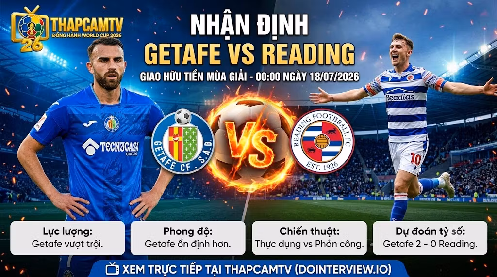 Ảnh bìa nhận định trận đấu Getafe vs Reading diễn ra lúc 00:00 ngày 18/07/2026, phân tích chỉ số chuyên môn và dự đoán tỷ số chi tiết từ chuyên gia ThapcamTV.