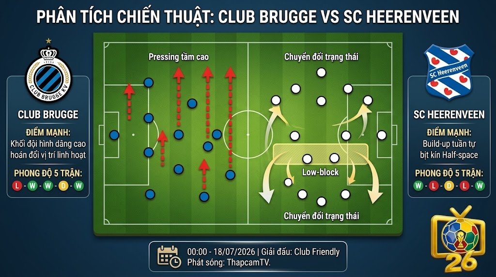 Phân tích sa bàn chiến thuật Club Brugge vs SC Heerenveen: Lối đá Pressing tầm cao của Club Brugge đối đầu khối Low-block từ SC Heerenveen.